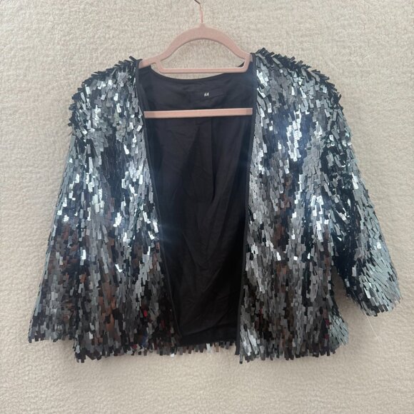 H&M SILVER GREY MIRRORED Square Sequins CABARET  GLITZY Evening Jacket Cardigan - Picture 2 of 10